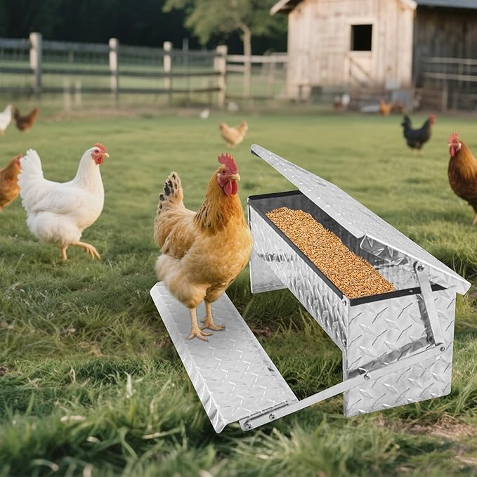 Treadle Chicken Feeder Automatic Large Poultry Feeders Capacity Treadle Self Opening Pou with Weatherproof Lid Rain Cover for Roosters Pheasant Chicken Outdoor Coop Silver Full Aluminum(11lbs/5000g)