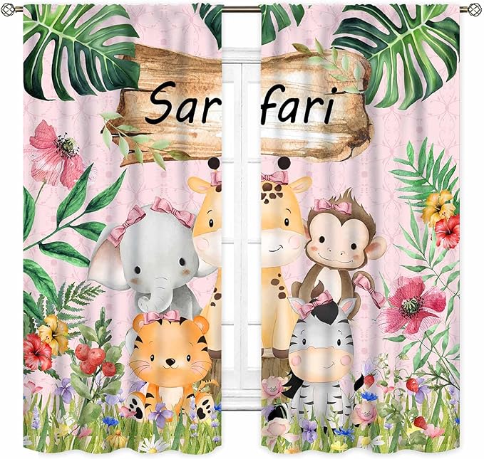Kids Safari Animals Curtains, Cartoon Giraffe Elephant Monkey Woodland Jungle Tropical Leaf Pink Window Curtains for Boys Girls Baby Living Room Bedroom Nursery Classroom 2 Panels, 42"x54" Inch