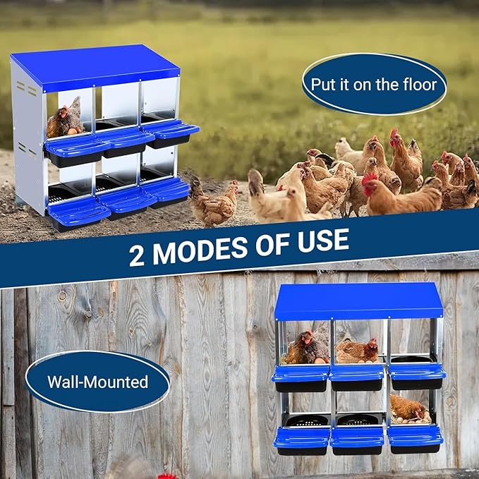 Chicken Nesting Box, 6 Hole 2 Layer Hen Nest Boxes with Legs, Roll-Away Egg Collection System with Ventilation Holes，Rustproof Plastic Tray & Keyhole Mounting, Chicken Laying Box