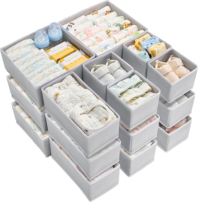 Vtopmart 18 Pack Baby Clothes Organizer, Dresser Drawer Organizer for Baby Clothing, Foldable Fabric Closet Drawer Storage Bins, Dresser Dividers for Bra, Socks, Ties, Scarf