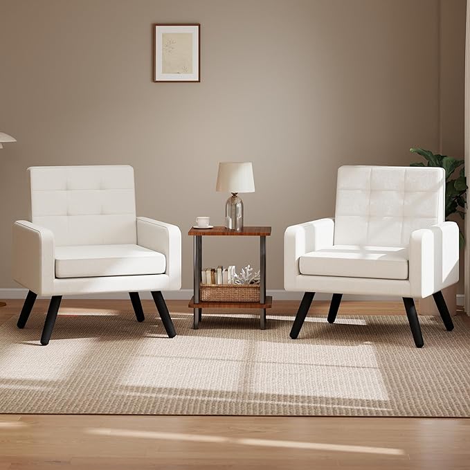 Kromax Mid-Century Modern Accent Chair Set of 2 for Living Room, 496 Lb. Weight Capacity, Dual Armrests, Comfy Extra Large Seat, Timeless Style Perfect for Reading & Relaxing, Beige