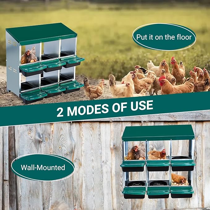 GarveeHome 2-Tier Chicken Nesting Box, 6 Compartment Metal Chicken Laying Boxes with Waterproof Roof ＆ Removable Trays for Hens, Poultry，Easy Egg Collection