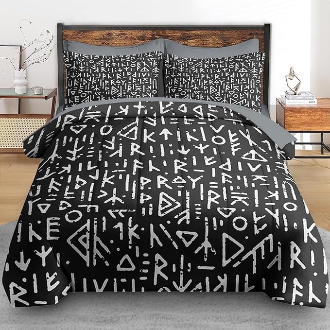 Comforter Set Queen Size, Gothic Viking Black 7 Pcs Bedding for Kids and Adults, Geometric Medieval Norse Bed Sheet Sets with Fitted Sheet 2 Pillowcases & 2 Shams for Bedroom Bed Decor