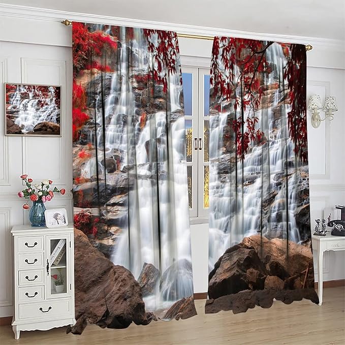 Waterfall Blackout Windows Curtains, Waterfall Red Forest Pattern Nature View Curtains, for Living Room Bedroom 42x45in 2 Panels