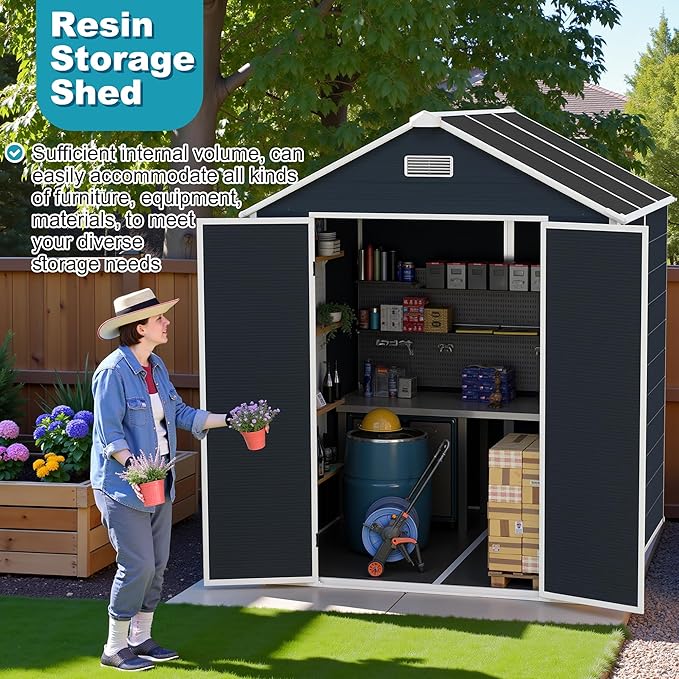6x6 FT Plastic Outdoor Storage Shed, Resin Plastic Tool Shed with Lockable Doors & Peaked Roof, Garden Shed with Side Window & Floor, for Backyard Garden Patio Lawn, Dark Gray
