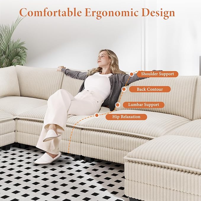 Vesgantti 109" U Shaped Cloud Sectional Sofa, Comfy Corduroy Upholstered Sectional Modular Sofas for Living Room, Modern Modular Couch with 2 Ottoman Deep Seat, Beige
