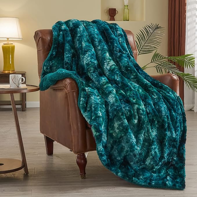 NEWCOSPLAY Super Soft Faux Fur Blanket Twin Size Tie-dye Dark Teal Sherpa Fuzzy Plush Warm Blanket for Sofa Bed (Tie-dye Dark Teal, Twin(60"x80"))