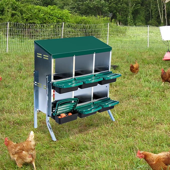 Chicken Nesting Boxes 6 Compartments Chicken Laying Boxes Roll Away Egg Collection Metal Poultry Nest Box with Perch and Lid Cover Free Standing Egg Laying Boxes for Hens Chicken