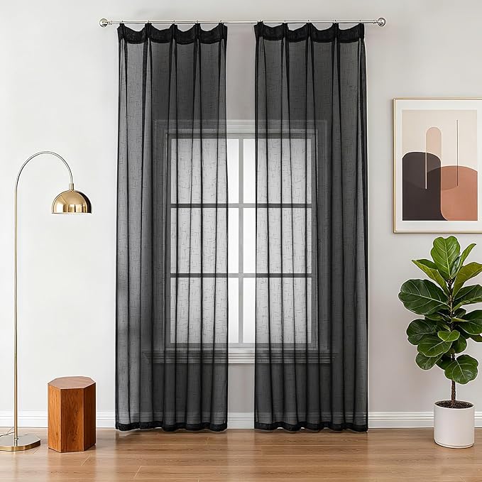 Black Linen Look Sheer Curtains 102 Inches Long 2 Panels, Rustic Textured Light Filtering Drapes, Dark Moody Window Decor, Floor to Ceiling Pinch Pleat Curtain with Hooks