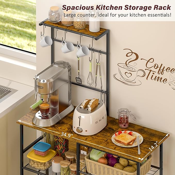 Bakers Rack with Power Outlet, Kitchen Microwave Stand with 10 S-shaped Hooks, 6-Tier Coffee Bar Station, Kitchen Storage Shelf Rack for Spices, Pots, Rustic Brown
