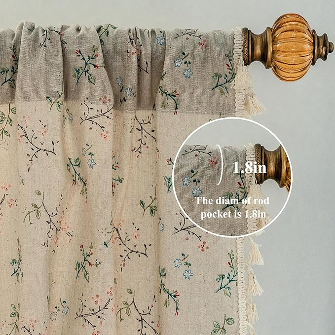ENJOYBRIDAL Floral Boho Curtains 2 Panels Short 63 Inch Curtains Patterned Semi Sheer Living Room Drapes Farmhouse Bohemian Window Curtain Panels with Tassel Beige Rod Pocket Bedroom Drapes