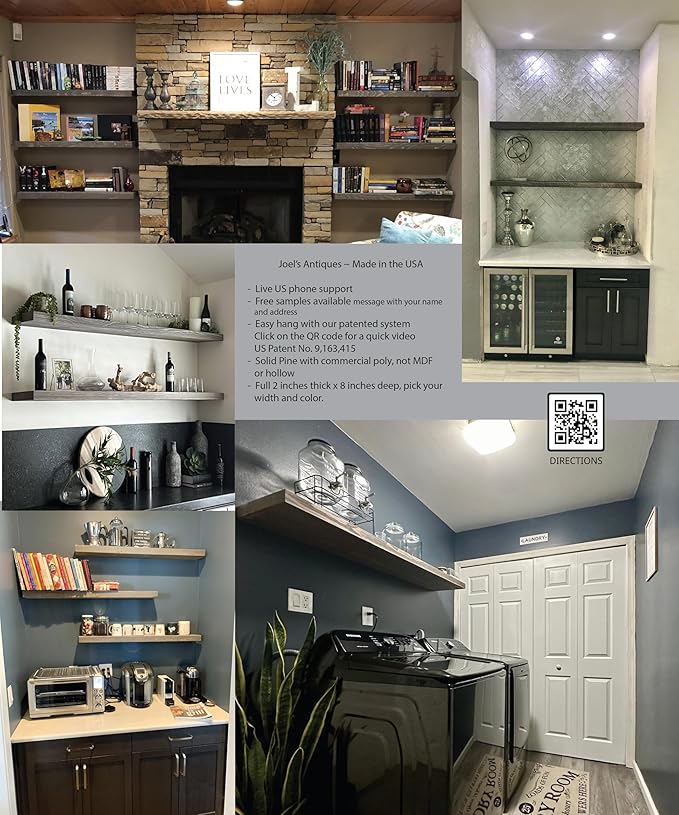 Joel's Antiques - 48 Inch Wooden Floating Shelves for Wall - 48x8x2 in - Made of Natural Wood - Long Heavy Duty Wall - Made in USA - Perfect for Living Room, Kitchen - Grey
