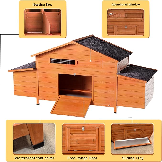Automatic Chicken Coop for 2-4 Chickens with Solar Powered Door, Weatherproof Outdoor Chicken House with Timer & Light Sensor, Ventilated Design, 2 Nesting Boxes, Pull-Out Tray