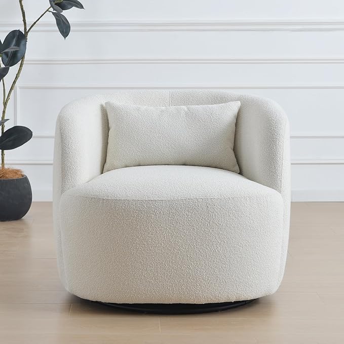 KINWELL 34" Wide Sherpa Swivel Barrel Chair, No Assembly Round Boucle Upholstered Accent Chair Armchair Single Sofa Chair with Toss Pillow for Living Room and Bedroom, Beige