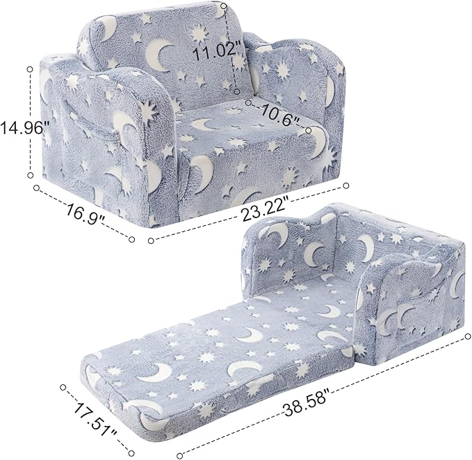 Kids Toddler Chair, 2-in-1 Toddler Couch Fold Out, Convertible Chairs for Toddlers Comfy Sofa to Lounger with Glow in The Dark Feature, Soft for Girls and Boys, Glowing Starry Sky