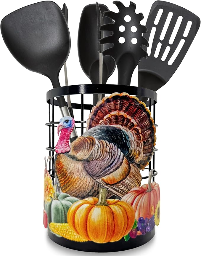 Thanksgiving Turkey Utensil Holder, Thanksgiving Turkey Pumpkin Kitchen Decor Utensil Organizer for Countertop, Fall Metal Cooking Tools Farmhouse Counter Decor, Kitchen Gifts Utensil Caddy Harvest