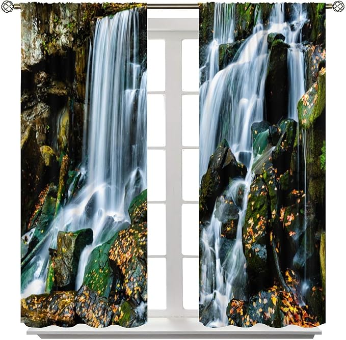 Waterfall Blackout Window Curtains, Forest Nature Landscape Theme Pattern Print Window Drapes, for Living Room Bedroom 52" W X 84" L