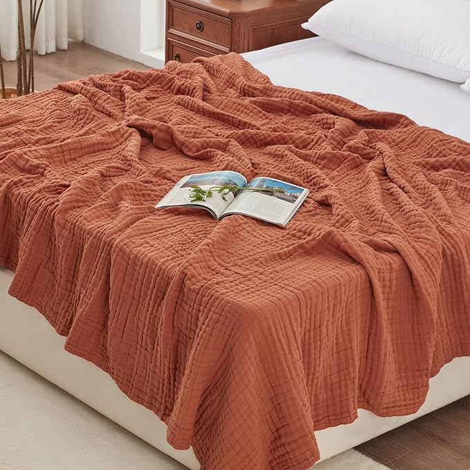 Love's cabin 6 Layer 100% Cotton Muslin Blanket, 90"x90" Muslin Blanket Queen for Couch Bed, Lightweight and Breathable Cotton Gauze for Adult, Orange