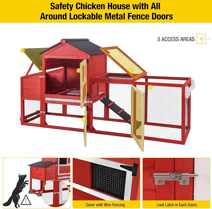 Aivituvin Chicken Coop Expandable Mobile Chicken House for Outdoor with Wheels, Nesting Box, Leakproof Pull-on Tray and UV-Resistant Roof Panel (Red)