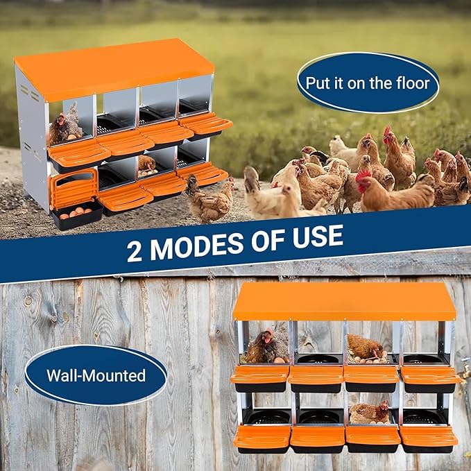 Chicken Nesting Box, 8 Hole 2 Layer Hen Nest Boxes, Roll-Away Egg Collection System with Ventilation Holes，Rustproof Plastic Tray & Keyhole Mounting, Chicken Laying Box
