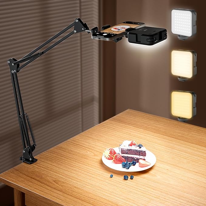 Overhead Phone Mount with Rechargeable Selfie Light & Phone Holder, Camera