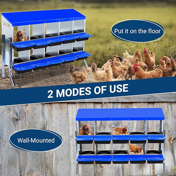 GarveeLife Chicken Nesting Box, 10 Compartments Nesting Boxes for Chickens, Chicken Laying Boxes with Legs, Roll Away Nesting Box for Chickens Laying Egg with Lid Cover to Protect Eggs, Blue