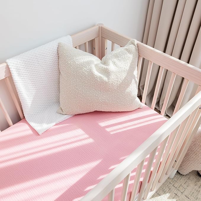 Muslin Crib Sheets, 100% Organic Cotton, Breathable and Ultra-Soft, Standard Crib Sheet Mattress (28"x 52") for Girls and Boys, Neutral Fitted Baby Crib Sheet (Pink)