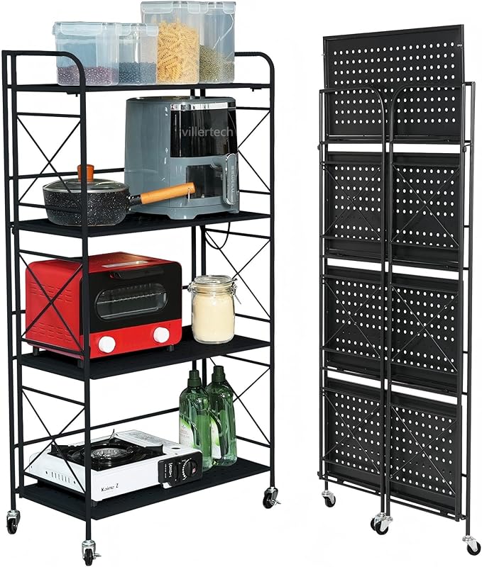 Foldable 4-Tier Metal Shelf with Wheels - Folding Bookshelf Unit for Living Room, Kitchen, Study 12.6" D x 23.6" W x 46.8" H, Matte Black