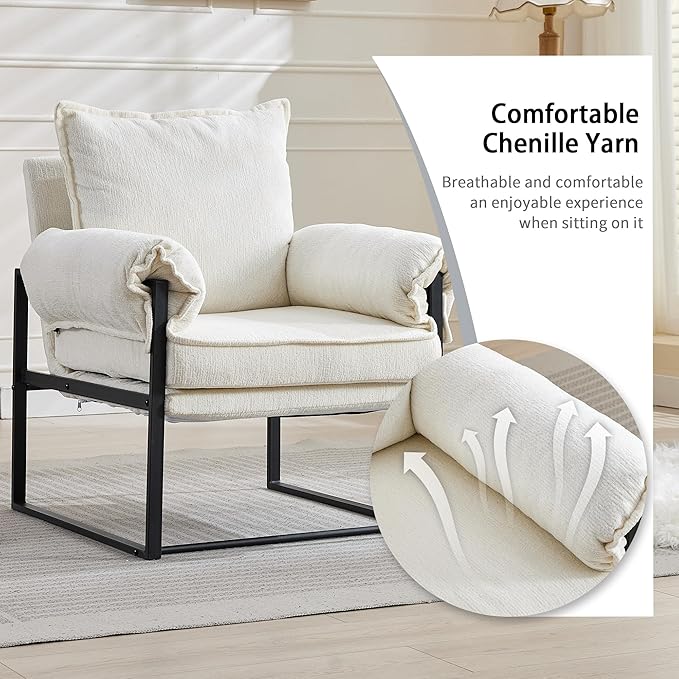 YISHENG Accent Chair with 6-Angle Adjustable Backrest, Chenille Fabric Living Room Chair Upholstered Lounge Chair, Modern Chair Cozy Reclining Chair for Reading Room, 1PC White