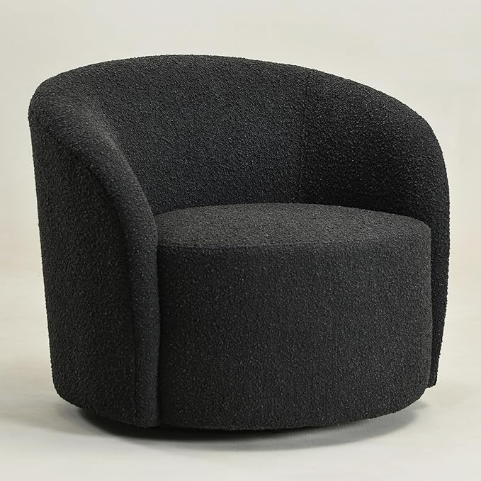 KINWELL Sherpa Swivel Barrel Chair & Round Ball Pillow Set - 34" Wide Modern Boucle Accent Chair with 9” Matching Nordic Decorative Throw Pillow for Living Room and Bedroom(Black)