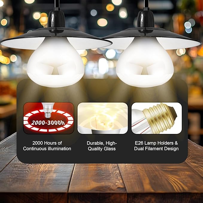 250W R40 White Heat Lamp Bulbs (4-Pack), Infrared Heat Bulbs, Infrared Therapy Bulbs for Bathroom, Sauna, Pets & Chickens, 2,000 Hour Rated, E26 Base