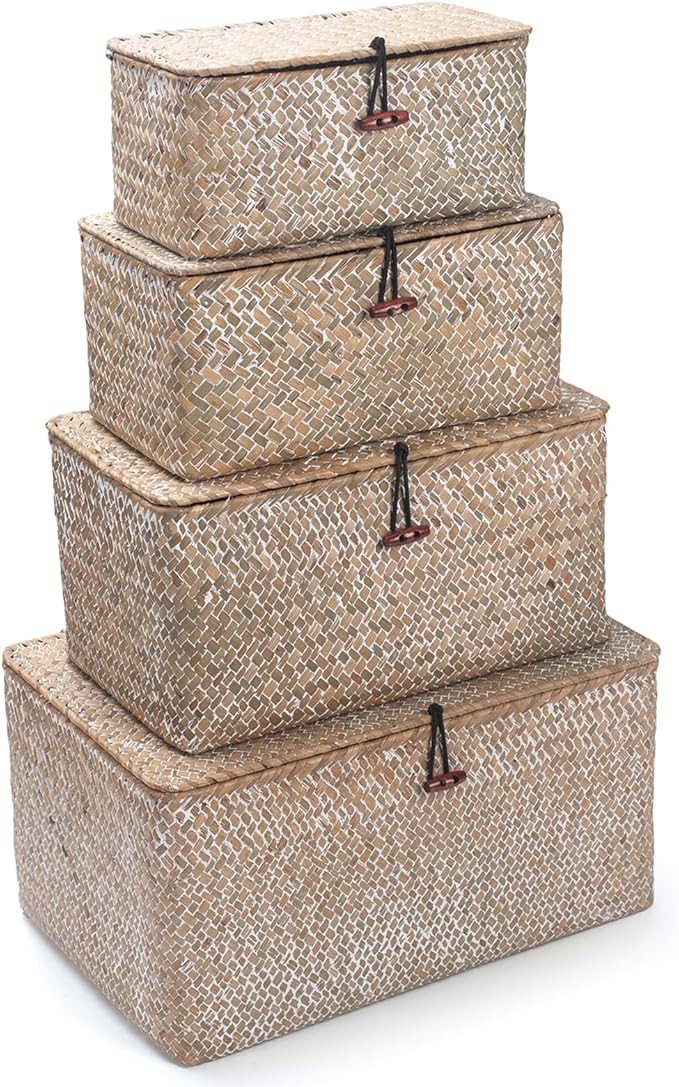Wicker Basket with Lid, Seagrass Storage Basket, Woven Decorative Storage Baskets for Shelf Organizing, Whitewash