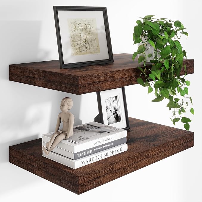 Heimlove 24 x 12 Inch Deep Floating Shelves Wall Mounted with Invisible Brackets,Storage Hanging Shelf for Wall Decor in Bathroom, Bedroom, Kitchen, Living Room, Office Set of 2 (Rustic Brown)