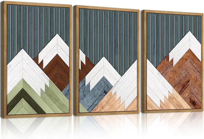DRACIT Large Woodcut Mountain Wall Art Set Abstract Boho Forest Wood Wall Decor Nature Blue Art Decor Modern Geometric Wooden Wall Sculptures for Living Room Bedroom Office-16x24Inchx3