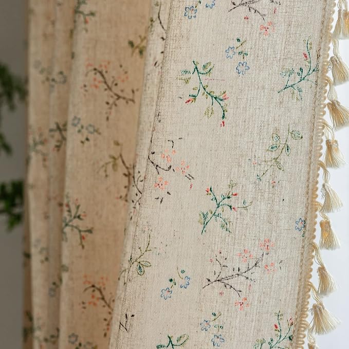 ENJOYBRIDAL Floral Farmhouse Curtains 96 Inches Long Semi Sheer Living Room Drapes Boho Light Filtering Vintage Decor Window Curtain Panels with Tassel Beige Rod Pocket Bedroom Drapes, 4 Panels