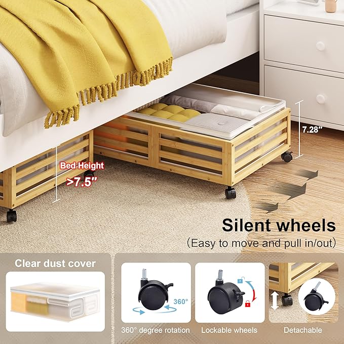 Under Bed Storage with Wheels-Large Bamboo Underbed storage Containers with Large Dust Bag Stackable Under the Bed Shoe Storage Bins for Clothes Books Bedding (2 Packs Nature, 23.62"L×16.54"W× 6.51"H)