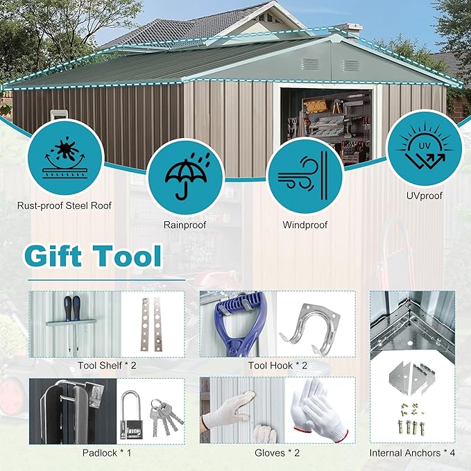 Sheds & Outdoor Storage 8ft x 10ft Metal Storage Shed with Metal Foundation, Window,Gloves, Anchors, Tools Garden Tool Storage Cabinet for Backyard, Patio, Poolside, Gray