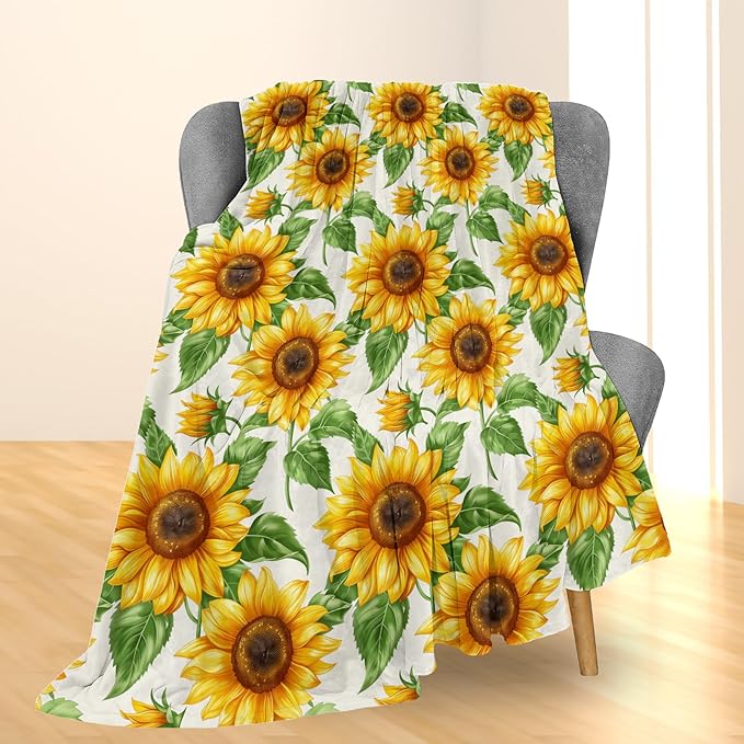 Sunny Sunflower Blanket, Soft Lightweight Flannel Throw Blanket for Couch, Bed, Travel, Living Room & Home Decor, Cozy Warm Fluffy Fuzzy Blankets for Adults Kids Women Girls 60×50 in