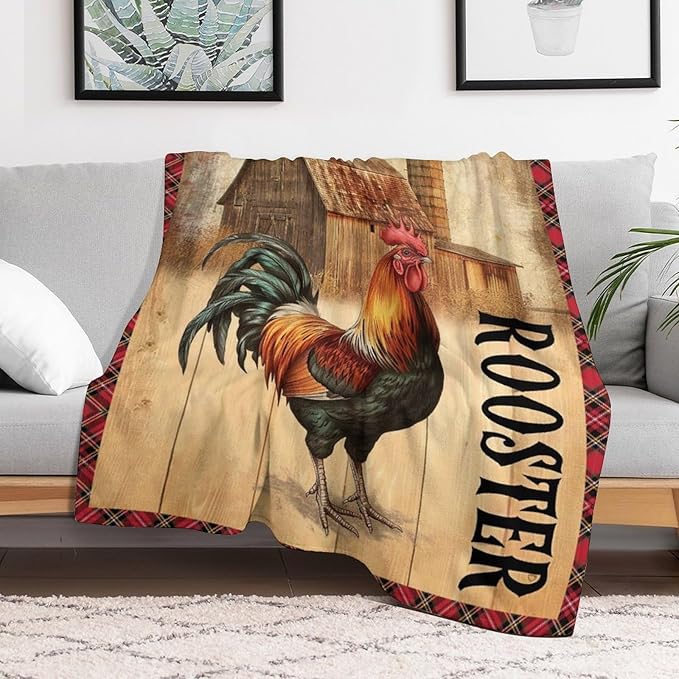 Rooster Blanket Chicken Country Animal Print Throw Blankets for Couch Sofa Stuff Decor Soft Cozy Fleece Plush Flannel Bedding Gifts for Adults Lover Men Women Boys Girls 60"x80"
