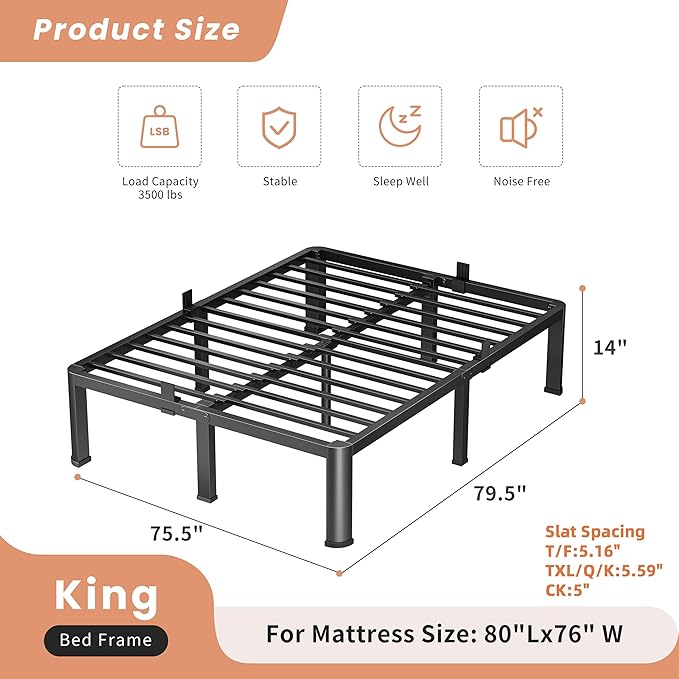 14 Inch King Heavy Duty 3500 lbs Bed Frame with Round-Corner Legs & Anti-Squeak Design – Quick Assembly Metal Platform, No Box Spring Needed