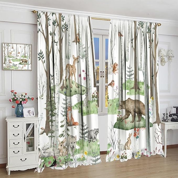 YCness Woodland Animals Curtains, Wild Animals Watercolor Forest Bear Deer Fox Rabbit Floral Nature Window Treatments for Bedroom Kitchen Nursery Living Room Drapes, 63x63 Inch