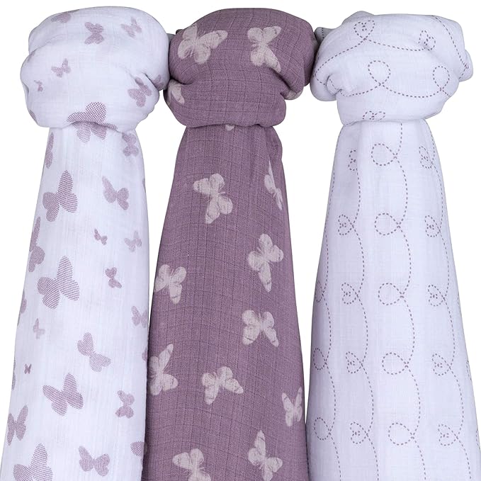 Ely's & Co. Muslin Swaddle Blankets for Baby Girls – 3 Pack, 47" x 47" Lavender Butterfly Design, 100% Soft Muslin Cotton