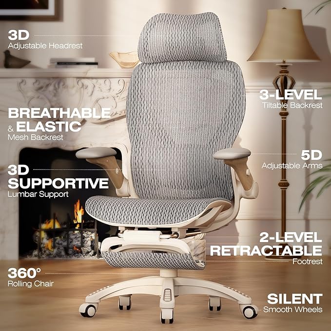ELABEST X100 Ergonomic Office Chair with Footrest, Big and Tall Home Desk Chair with 5D Flip-Up Arms, Adjustable 3D Lumbar Support,High Back Rolling Computer Chair, Swivel Mesh Chairs (Foggy Morning)