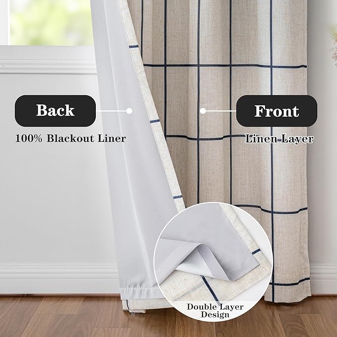 MYSKY HOME 100% Blackout Plaid Linen Curtains 45 Inches Long Double Layer Farmhouse Thermal Insulated Checkered Print Drapes with Back Tab Rod Pocket for Bedroom, 2 Panels, 52" Wide, Navy Blue