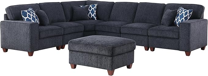 116" Convertible Sectional Couch with Movable Ottoman and 6 Throw Pillows,Chenille Upholstered Comfy Sofa 7 Seater,L-Shaped,Free Combination,Easy Assembly for Living Room,Apartment,Dark Gray