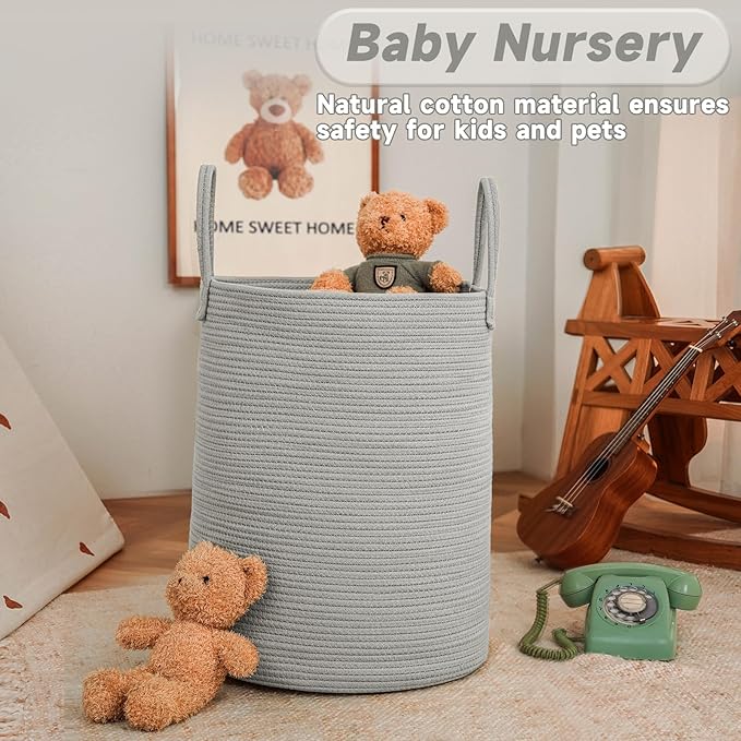Large Woven Laundry Basket Hamper,80L Cotton Rope Storage Bin for Blankets,Toys and Clothes,Decorative Tall Nursery Hamper for Living Room,Baby Nursery,Bathroom and Bedroom,Grey