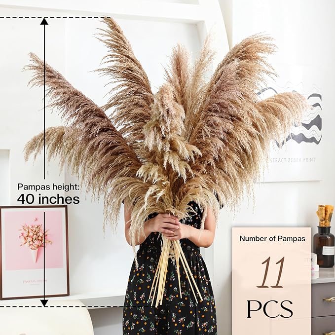 40" inch 11 Stems Natural Pampas Grass Tall Decor,Pompas Grass,Large Brown Tall Pampas Grass for Floor Vase,Wedding Decorations,Party,Boho Home Decor,and Creating a Boho Ambiance