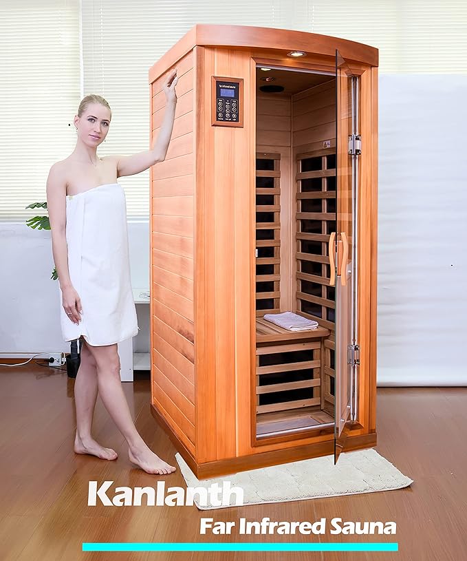 Far Infrared Sauna Room 1-2 Person Infrared Home Saunas, 8 Low EMF Heating Panels, 1510 Watts Red Cedar Wooden Saunabox with LED Reading Lamp, LCD Display-Control, Blue-Tooth Audio