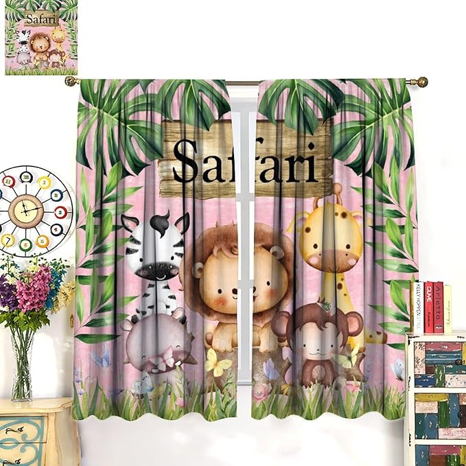 Kids Safari Animals Curtains, Cartoon Wildlife Tropical Leaf Pink Blackout Window Treatments, Rod Pocket Thermal Insulated Drapes 2 Panel Sets for Bedroom Nursery Classroom, 84" W X 84" L