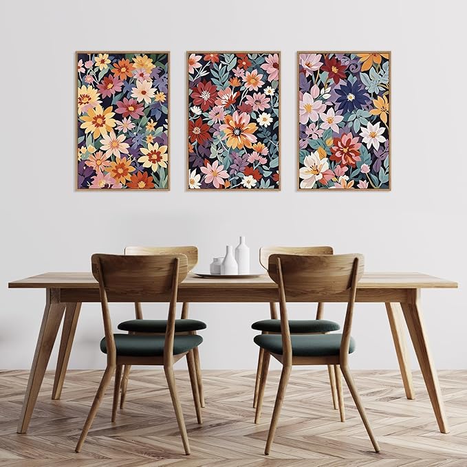 HLNIUC Boho Floral Framed Canvas Wall Art,Colorful Wildflower Landscape Wall Decor Set of 3(16”x24”)Rustic Bohemian Style Flower Art Print,Modern Botanical Floral Wall Painting for Living Room Bedroom